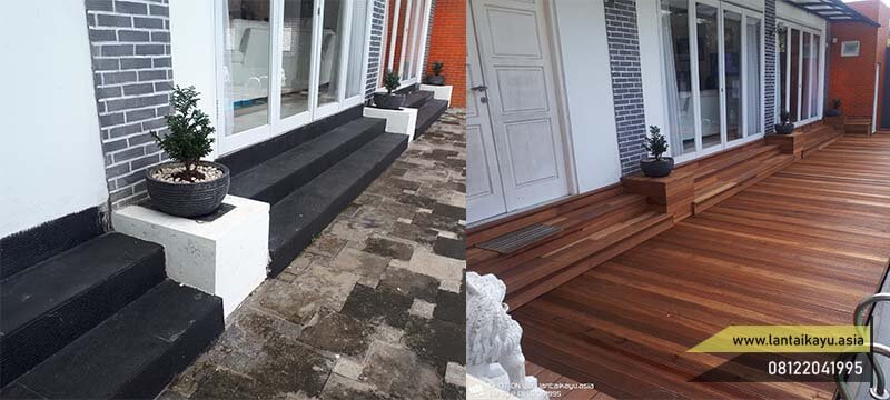 Pemasangan lantai kayu outdoor di kolam renang pasha ungu bogor