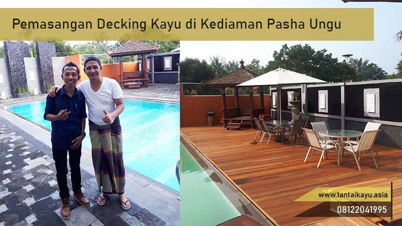 Project pemasangan lantai kayu samping kolam renang bengkirai rumah pasha ungu