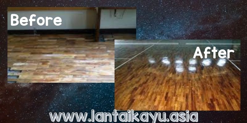 pemasangan lantai kayu di lapangan basket Mimika Sports Complex - before after